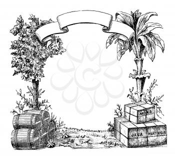 Royalty Free Clipart Image of a Banner with Barrels and Crates