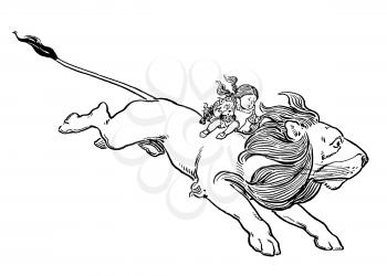Royalty Free Clipart Image of a Girl Riding a Lion