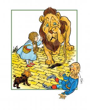 Royalty Free Clipart Image of a Lion on a Yellow Brick Road