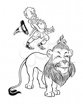 Royalty Free Clipart Image of a Man Jumping on a Lion