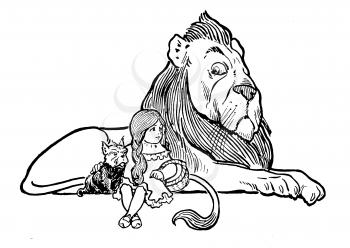 Royalty Free Clipart Image of a Lion, Girl, and Dog
