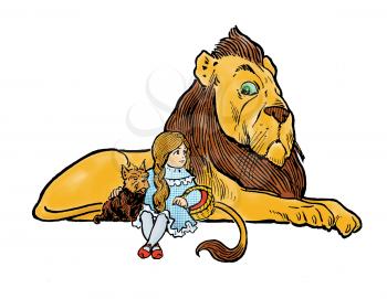 Royalty Free Clipart Image of a Lion, Dog and Girl