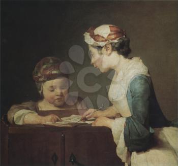 Royalty Free Clipart Image of a Woman and Child Sitting at a Table
