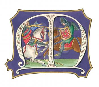 Royalty Free Clipart Image of a Crest With Knights Fighting