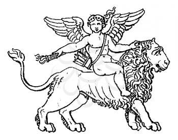 Royalty Free Clipart Image of a Cherub Riding a Lion