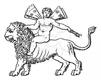 Royalty Free Clipart Image of an Angel Riding a Lion
