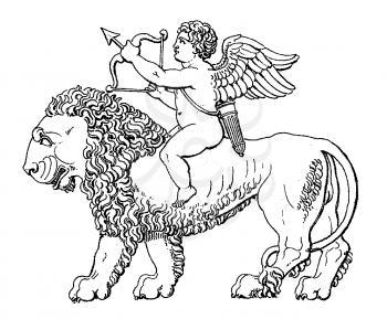 Royalty Free Clipart Image of an Angel Riding a Lion