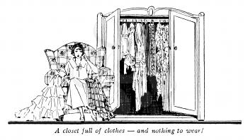Royalty Free Clipart Image of a Vintage Funny Clip, of a Woman With a Closet Full of Clothes, and Nothing to wear!