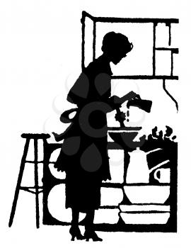 Royalty Free Silhouette Clipart Image of a Woman Preparing Food 