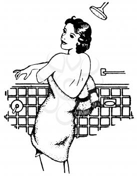Royalty Free Clipart Image of a Woman Getting Out of the Shower Wrapped in a Towel 