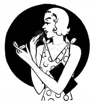 Royalty Free Clipart Image of a Woman applying Lipstick With a Compact Mirror 