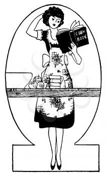 Royalty Free Clipart Image of a Woman Reading a Cook Book, Preparing Food 