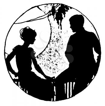 Royalty Free Silhouette Clipart Image of a Couple Sitting on the Fence in the Moonlight 