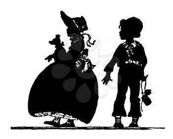 Royalty Free Silhouette Clipart Image of a Little Boy and a Little Girl 