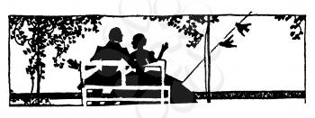 Royalty Free Silhouette Clipart Image of a Couple Sitting on a Bench With the Husbands Arm Around The Wife, While They Watch The Birds