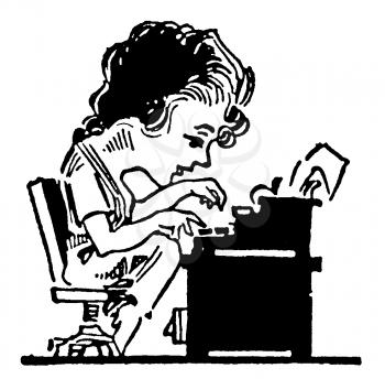 Royalty Free Clipart Image of a Cartoon Woman Sitting at a Desk Typing on a Typewriter 