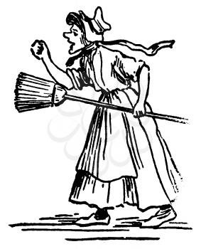 Royalty Free Clipart Image of an Old Lady Shaking her Fist While Holding a Broom in the Other