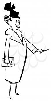 Royalty Free Clipart Image of a Cartoon Woman Standing, Holding a Rope Handle 