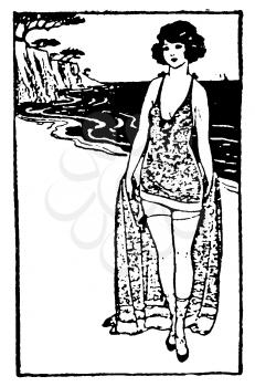 Royalty Free Clipart Image of a Portrait of a Woman Walking on the Beach 