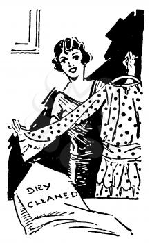 Royalty Free Clipart Image of a Woman Displaying Her Dry Cleaning