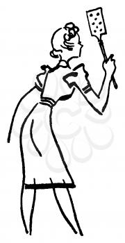 Royalty Free Clipart Image of a Cartoon Woman Swatting Flies With the Fly Swatter 
