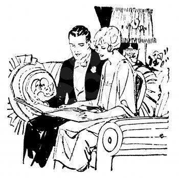 Royalty Free Clipart Image of a Couple Sitting on the Couch Looking at a Book