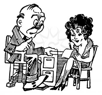 Royalty Free Clipart Image of a woman Drawing a funny man in front of her