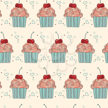 Vector seamless pattern with decorative cupcakes in vintage colors 