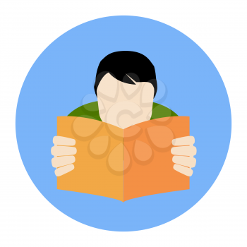 Reading Man Icon. FAQ Concept. Flat style illustration. Isolated in colored circle on white background. 