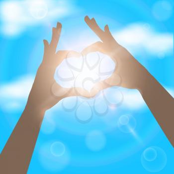 Hands in the form of heart on the background of blue sunny sky. Love concept vector illustration