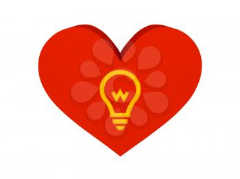Big red heart with light bulb symbol. Concept 3D illustration.