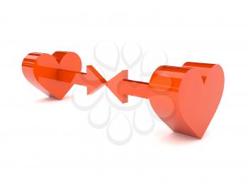 Two hearts with arrows pointing at one another. Concept 3D illustration.