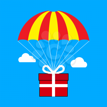 Gift box flying on parachute, delivery service, bonus concept. Flat design. Isolated on color background