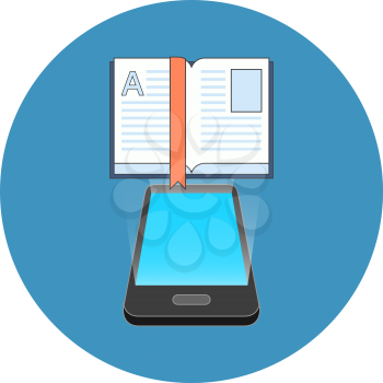 Smartphone e-book reading concept. Isometric design. Icon in blue circle on white background.