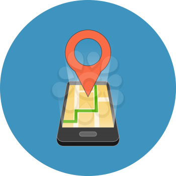 Mobile GPS navigation concept. Isometric design. Icon in blue circle on white background.