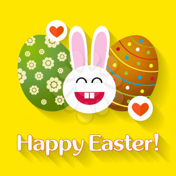 Bunny with eggs. Easter greeting card. Vector illustration.