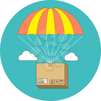 Package flying on parachute, delivery service concept. Flat design. Icon in turquoise circle on white background