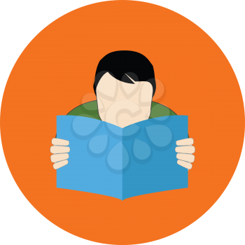 Reading person. FAQ concept. Flat design. Icon in orange circle on white background