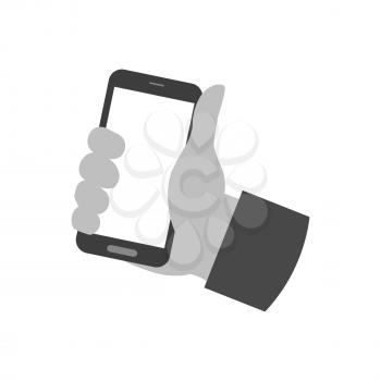 Hand holding smartphone icon. Symbol in trendy flat style isolated on white background. Illustration element for your web site design, logo, app, UI.