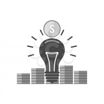 Light bulb and stacks of coins icon, idea attracting money concept. Symbol in trendy flat style isolated on white background. Illustration element for your web site design, logo, app, UI.
