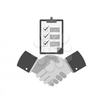 Handshake with checklist icon, successful agreement concept. Symbol in trendy flat style isolated on white background. Illustration element for your web site design, logo, app, UI.