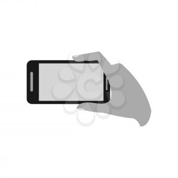 Hand holding phone for making photo icon. Symbol in trendy flat style isolated on white background. Illustration element for your web site design, logo, app, UI.