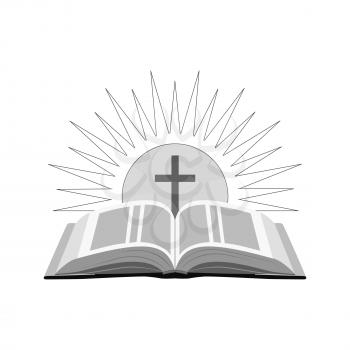 Open bible with sun and cross icon. Church logo concept. Symbol in trendy flat style isolated on white background. Illustration element for your web site design, logo, app, UI.