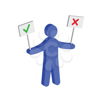 Figure man holding right and wrong signs. Flat Isometric Icon or Logo. 3D Style Pictogram for Web Design, UI, Mobile App, Infographic. Vector Illustration on white background.