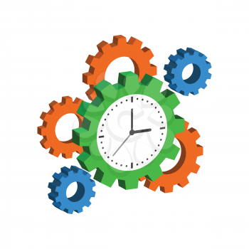 Clock with Cogwheels, Time Management symbol. Flat Isometric Icon or Logo. 3D Style Pictogram for Web Design, UI, Mobile App, Infographic. Vector Illustration on white background.