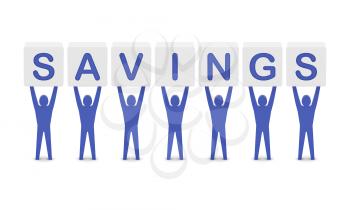 Men holding the word savings. Concept 3D illustration.