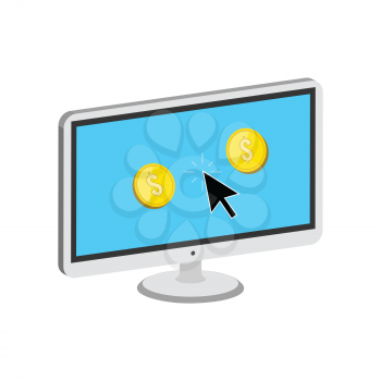 Golden Coins Jump out of Display, Make Money Online concept symbol. Flat Isometric Icon or Logo. 3D Style Pictogram for Web Design, UI, Mobile App, Infographic. Vector Illustration on white background