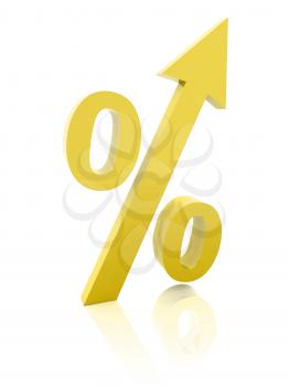 Golden percentage symbol with an arrow up. Concept 3D illustration.