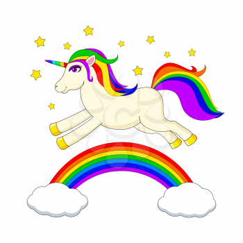 White unicorn with multicolored mane and horn jumping over rainbow. Cute fantasy animal. Dream symbol. Illustration for children