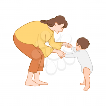 Mom teaching her little son to walk holding hands. First baby steps concept. Hand drawn style doodle design illustration